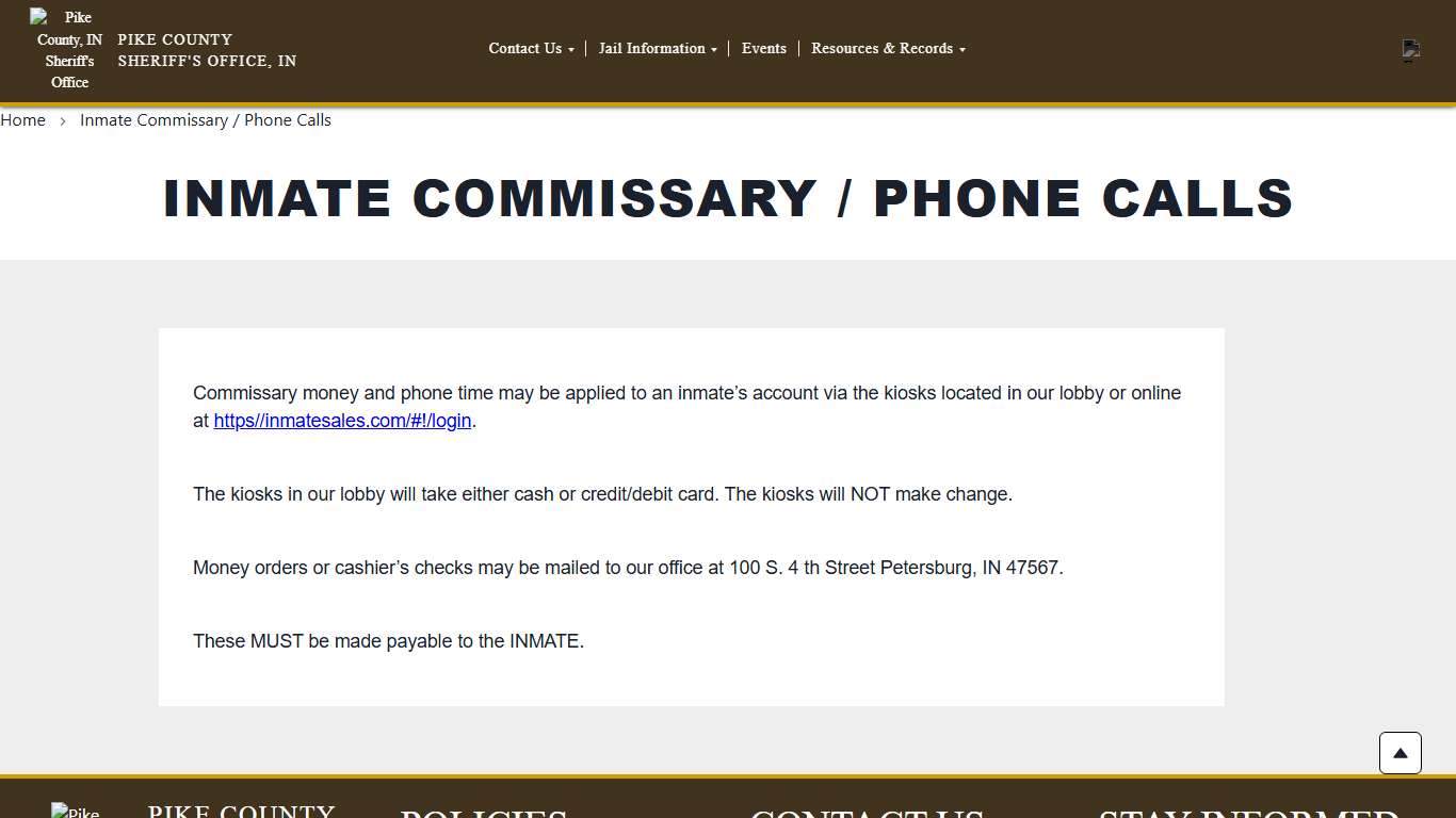 Inmate Commissary / Phone Calls Pike County Sheriff Office, IN